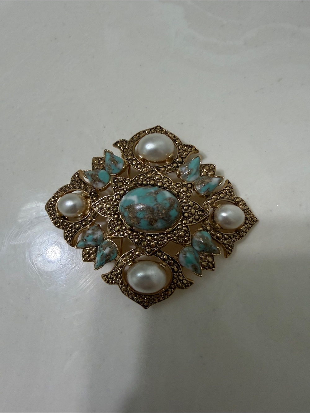 Sarah Coventry Gold-Tone Brooch with Turquoise & Pearl Accents